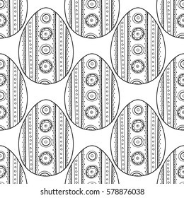 Black, white seamless pattern of decorative eggs for coloring page.