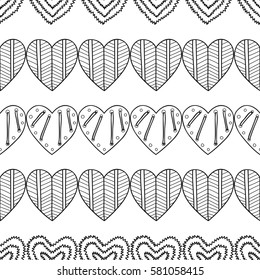 Black and white seamless pattern with decorative hearts for coloring book, page. Romantic ornament.