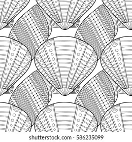 Black white seamless pattern with decorative sea shells for coloring