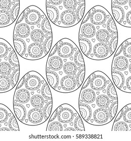 Black, white seamless pattern of decorative eggs for coloring page.