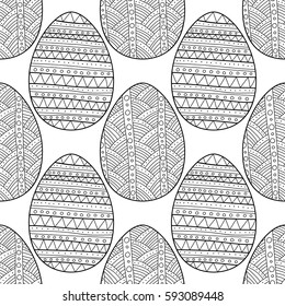 Black, white seamless pattern of decorative eggs for coloring page.