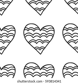 Black and white seamless pattern with decorative hearts for coloring