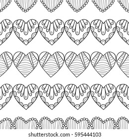 Black and white seamless pattern with decorative hearts for coloring book, page. Romantic ornament.