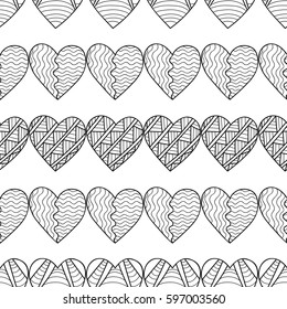 Black and white seamless pattern with decorative hearts for coloring.