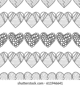 Black and white seamless pattern with decorative hearts for coloring.