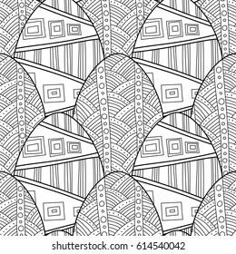 Black, white seamless pattern of decorative eggs for coloring page.