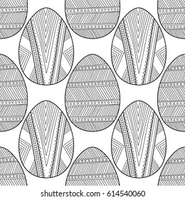 Black, white seamless pattern of decorative eggs for coloring page.