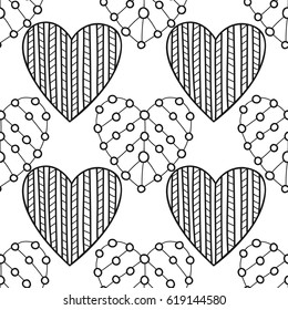 Black and white seamless pattern with decorative hearts for coloring book, page. Romantic ornament.