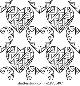 Black and white seamless pattern with decorative hearts for coloring book, page. Romantic ornament.