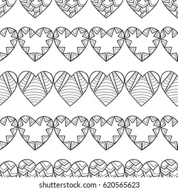 Black and white seamless pattern with decorative hearts for coloring book, page. Romantic ornament.