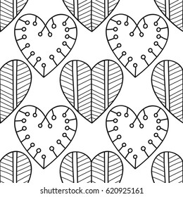 Black and white seamless pattern with decorative hearts for coloring book, page. Romantic ornament.
