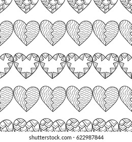 Black and white seamless pattern with decorative hearts for coloring book, page. Romantic ornament.