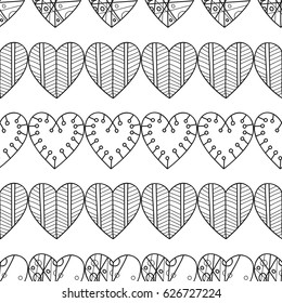 Black and white seamless pattern with decorative hearts for coloring book, page. Romantic ornament. Illustration
