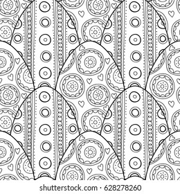 Black, white seamless pattern of decorative eggs for coloring page.