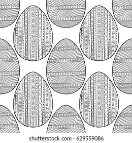 Black, white seamless pattern of decorative eggs for coloring page.