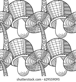 Black and white seamless pattern with decorative mushrooms for coloring book.