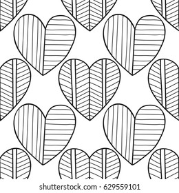 Black and white seamless pattern with decorative hearts for coloring book, page. Romantic ornament.