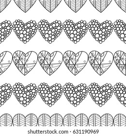 Black and white seamless pattern with decorative hearts for coloring book, page. Romantic ornament. Illustration