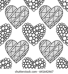 Black and white seamless pattern with decorative hearts for coloring book, page. Romantic ornament.