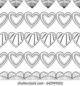 Black and white seamless pattern with decorative hearts for coloring book, page. Romantic ornament.