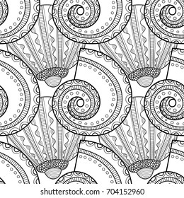 Black white seamless pattern with decorative sea shells for coloring