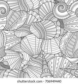 Black white seamless pattern with decorative sea shells for coloring