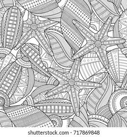 Black white seamless pattern with decorative sea shells for coloring