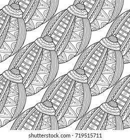 Black white seamless pattern with decorative sea shells for coloring