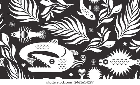 black and white seamless pattern depicting abstract fishes and water plants, marine life	

