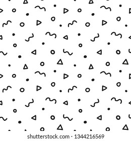 Black and white seamless pattern with different shapes in memphis style.