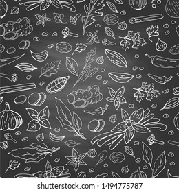 Black and white seamless pattern with different spices on black background. Asian (indian) spices collection on chalkboard. Turmeric, ginger, bay leaf, cinnamon, garlic, anise, caraway seeds, vanilla,