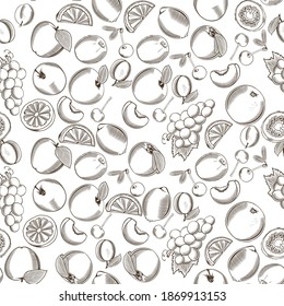 Black and white seamless pattern with different fruits in vintage style