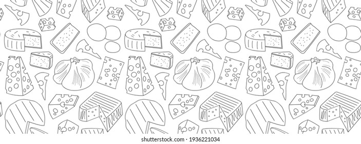 Black and white seamless pattern with different varieties and types of cheese. Background for design business concepts and advertising. Cover for cookbook, menu, brochure, catalog. For sites, articles