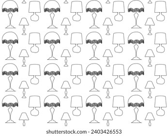 Black and white seamless pattern with different lanterns, lamps,floor lamps , continuous one line art hand drawing sketch