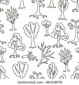 Black and white seamless pattern of different trees and branches. Hand drawn infinity forest background. Cartoon woodland. The best for design textile fabric paper, wallpaper, kids. Wrapping. Vector.