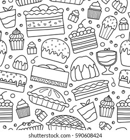 Black and white seamless pattern with different hand drawn outline cakes and desserts.