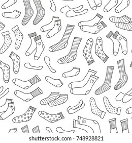 Black   white seamless pattern and different outline doodle socks 