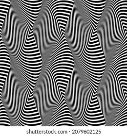 Black white seamless pattern of distorted striped waves. Optical art repeatable texture of trippy lines.