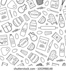 Black And White Seamless Pattern With Doodle Outline Cooking, Baking Ingredients.