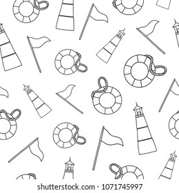 Black and white seamless pattern with doodle flag, lifebuoy and lighthouse.
