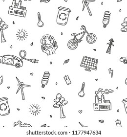 Black and white seamless pattern with doodle outline ecology and environment icons.
