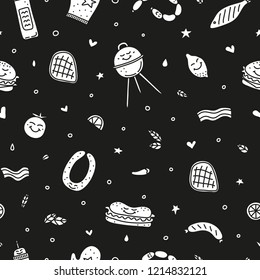 Black and white seamless pattern with doodle barbecue, picnic icons.