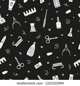Black and white seamless pattern with doodle nail salon icons.