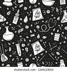 Black and white seamless pattern with doodle alternative medicine and ayurveda icons.
