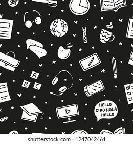 Black and white seamless pattern with doodle language courses icons.