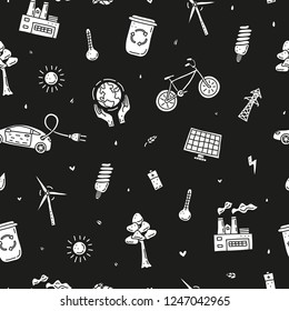 Black and white seamless pattern with doodle ecology and environment icons.