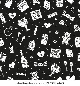 Black and white seamless pattern with doodle Valentine's day icons.