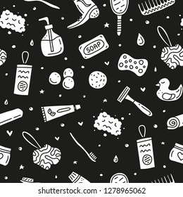 Black and white seamless pattern with doodle bathroom and hygiene icons.