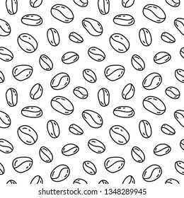 Black and white seamless pattern with doodle outline coffee beans.