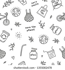 Black and white seamless pattern with doodle outline ecological icons. Zero waste life concept.